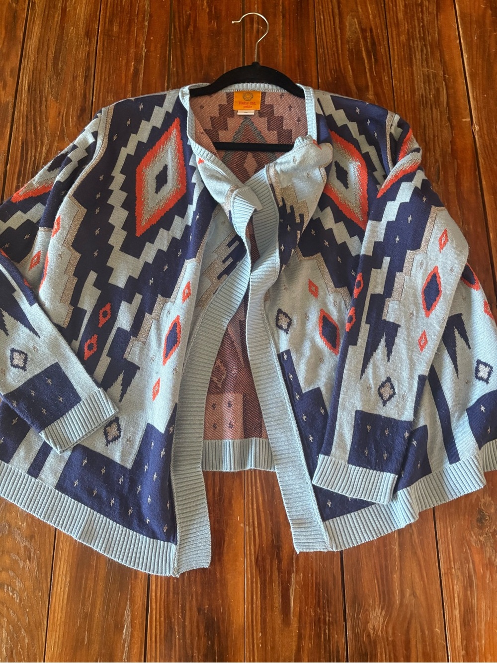 Ruby Rd. Light Blue & Navy Aztec Open-Front Cardigan with Coral Accents
